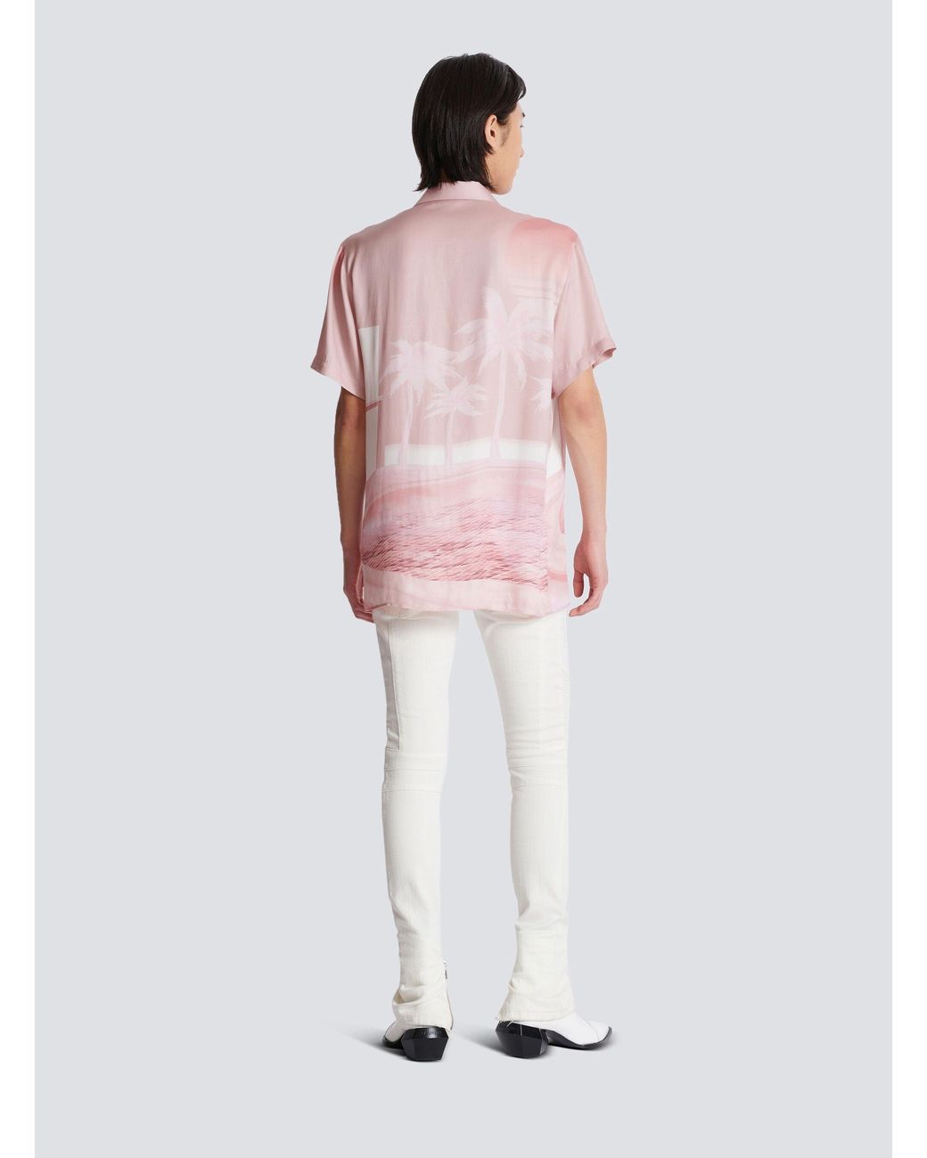 Balmain Pink Twill Palm Tree Print Shirt for men