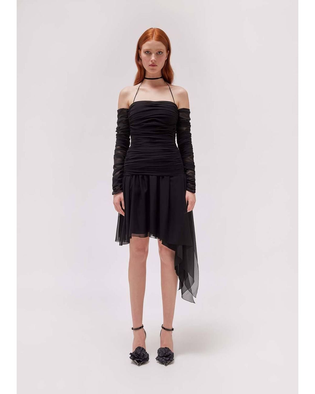 Blumarine Black Gathered-Detail Sheer Asymmetric Dress