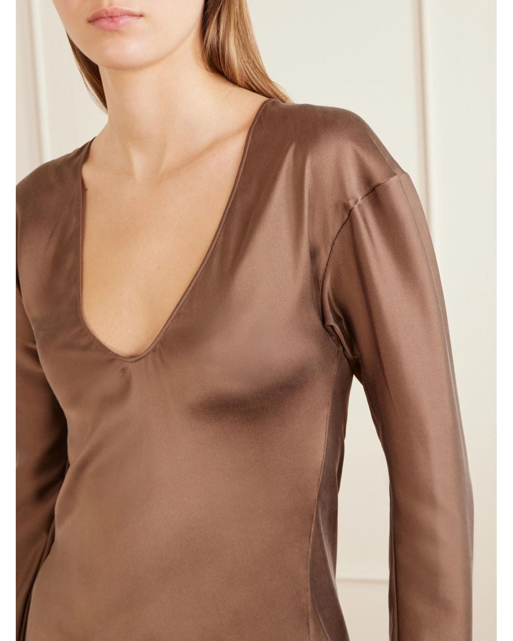 Ruohan Brown Silk-Blend Satin Blouse