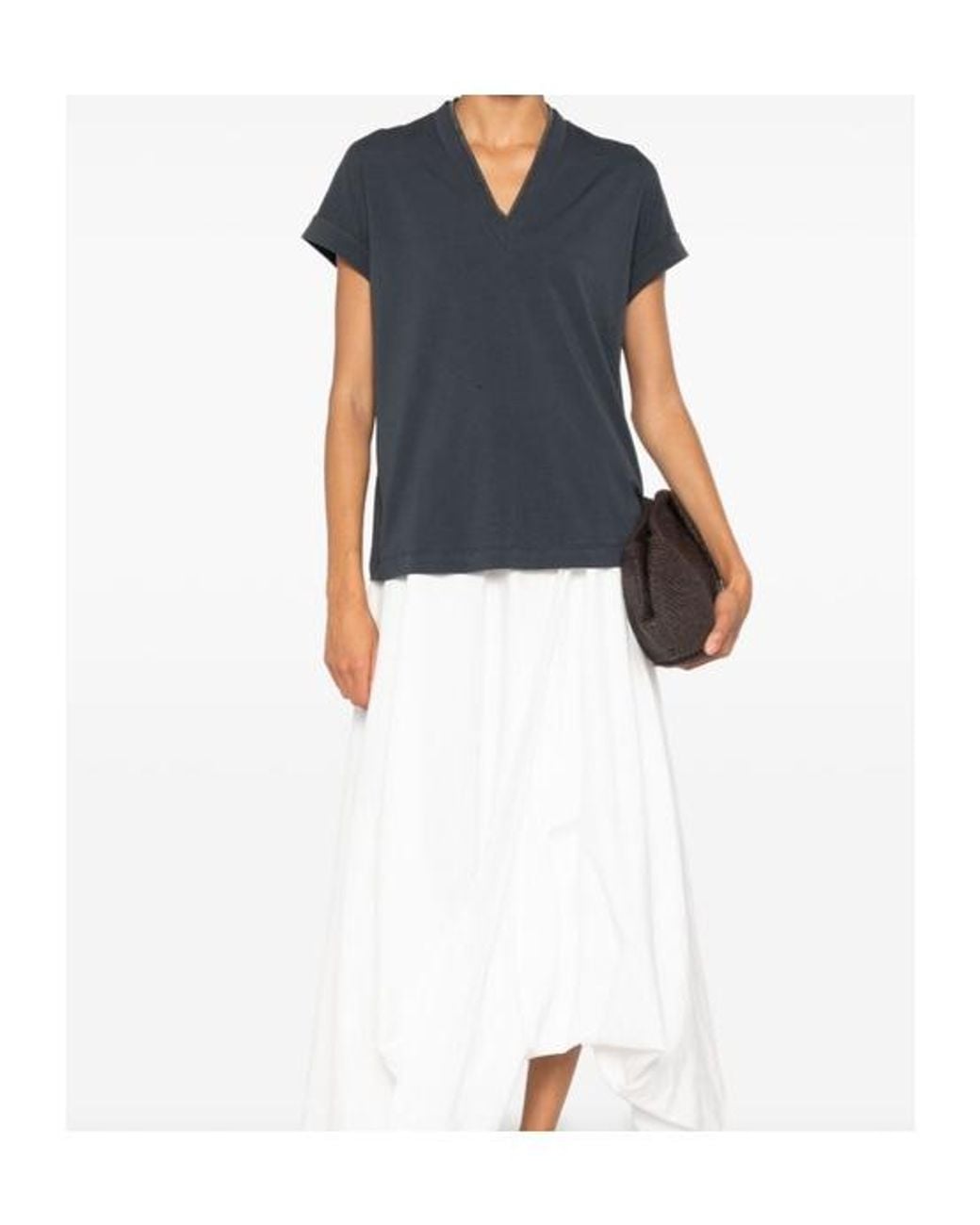 Brunello Cucinelli Blue Monili-Trim V-Neck T-Shirt