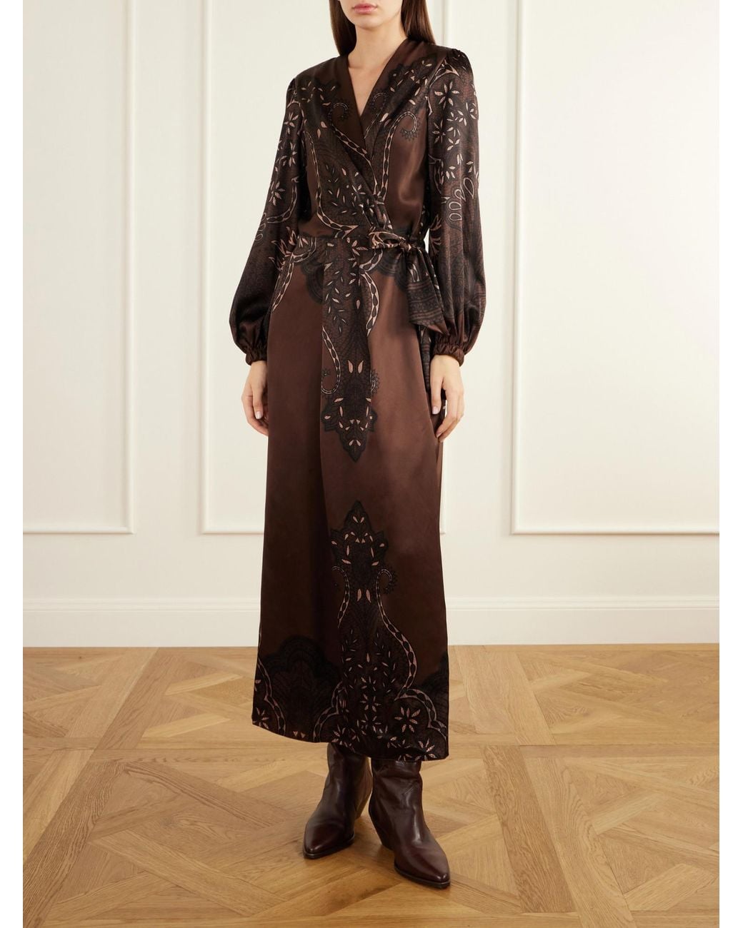 Johanna Ortiz Brown Scarf-Detailed Printed Silk-Satin Maxi Dress