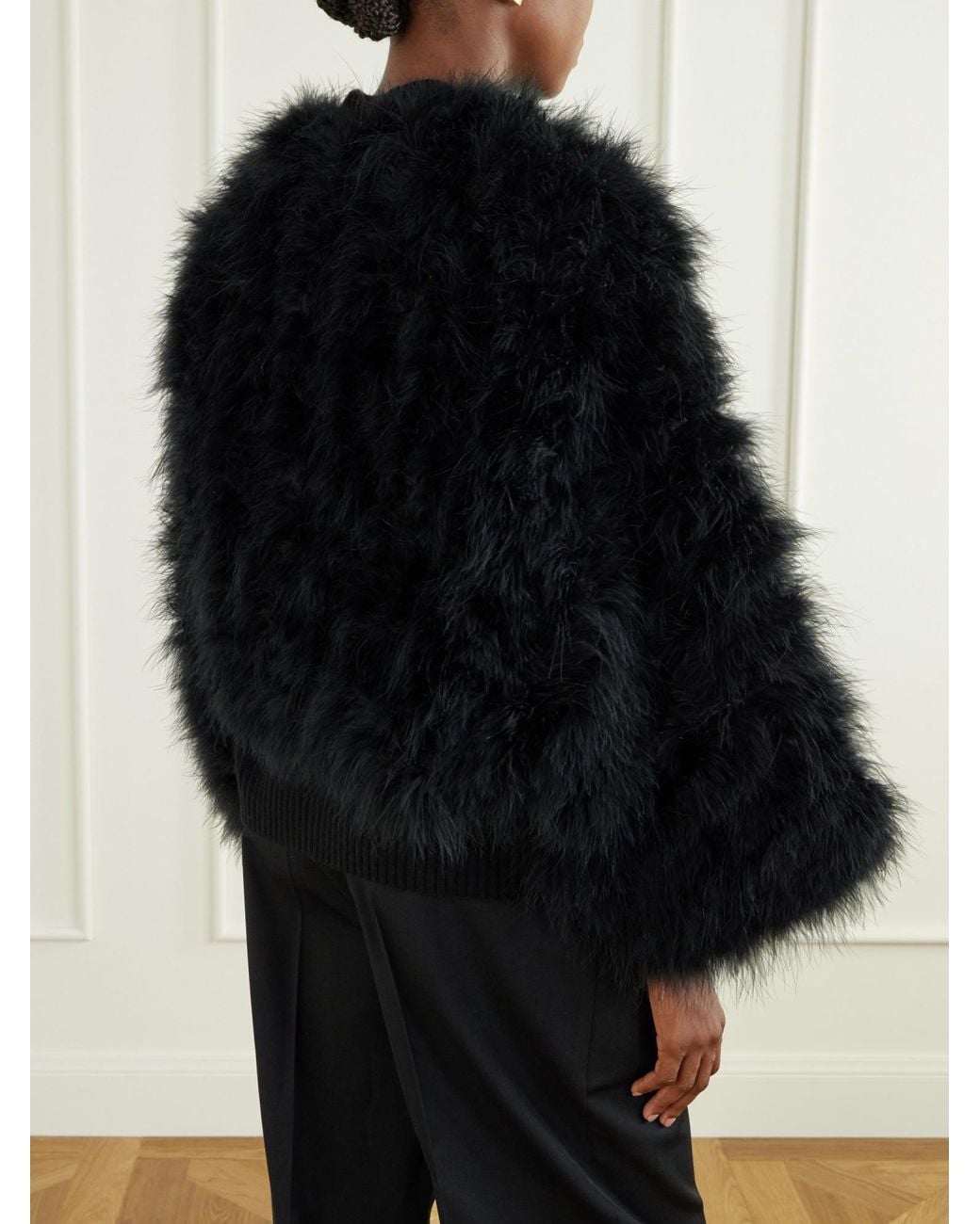 Yves Salomon Black Cropped Feather-Trimmed Satin Cape