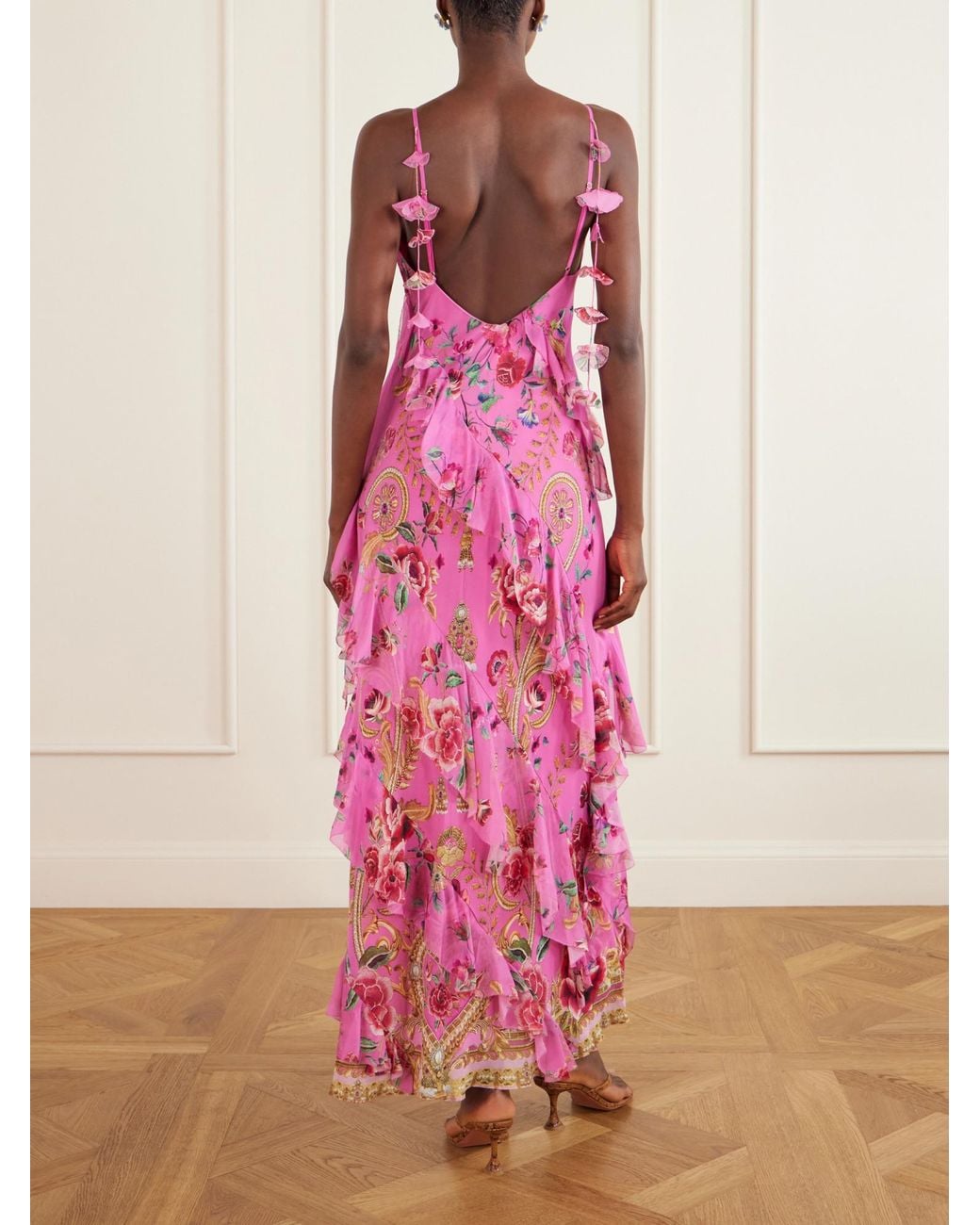 Camilla Pink Embellished Ruffled Silk-Georgette Maxi Dress