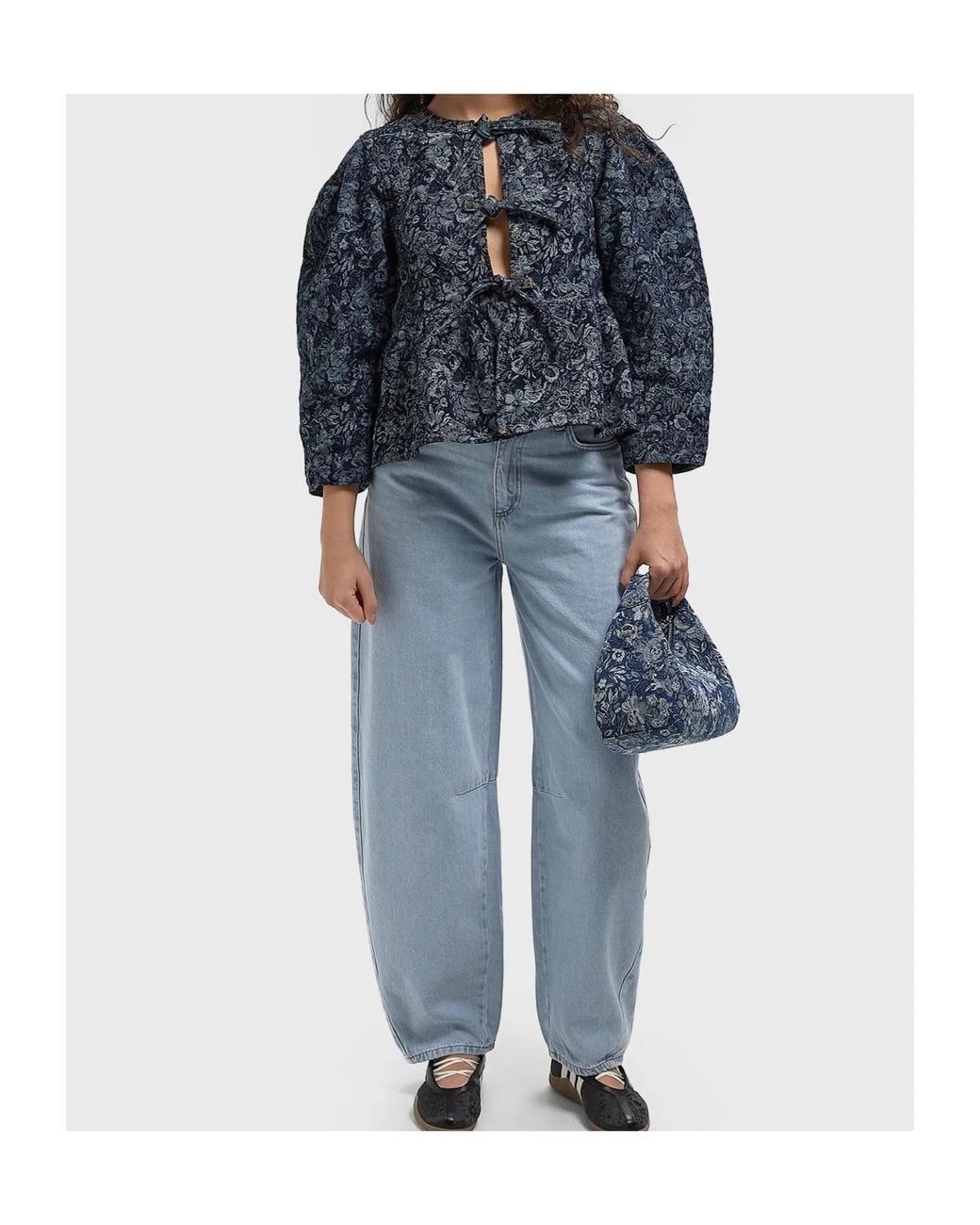 Ganni Blue Floral-Pattern Denim Blouse