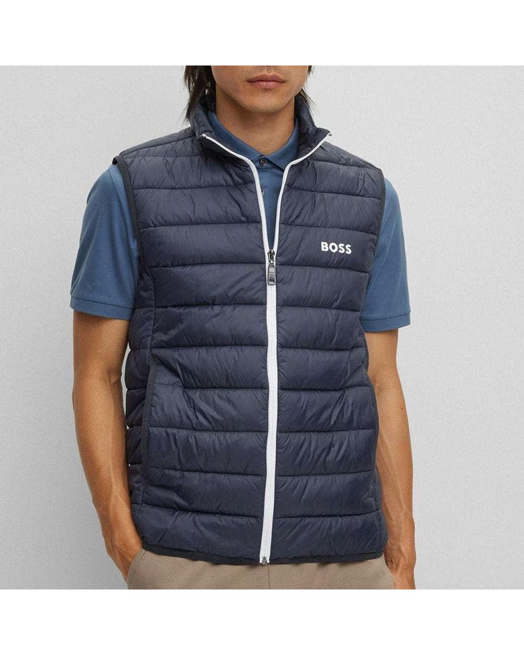 Boss Blue Water-Repellent Logo-Printed Zipped Gilet for men