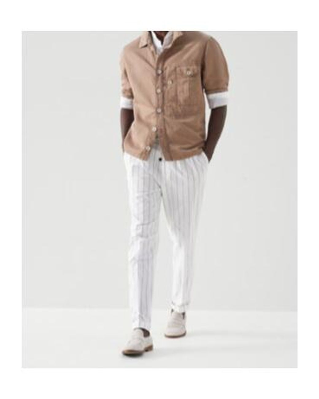 Brunello Cucinelli White Striped Drawstring Cotton Trousers for men
