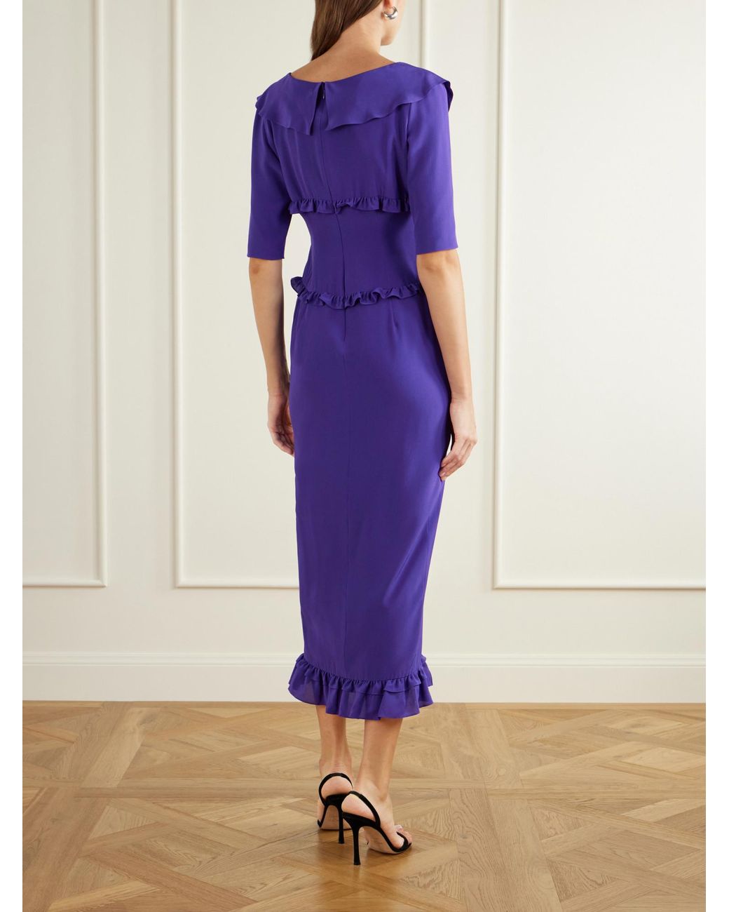 Alessandra Rich Purple Ruffled Silk-Crepe De Chine Midi Dress