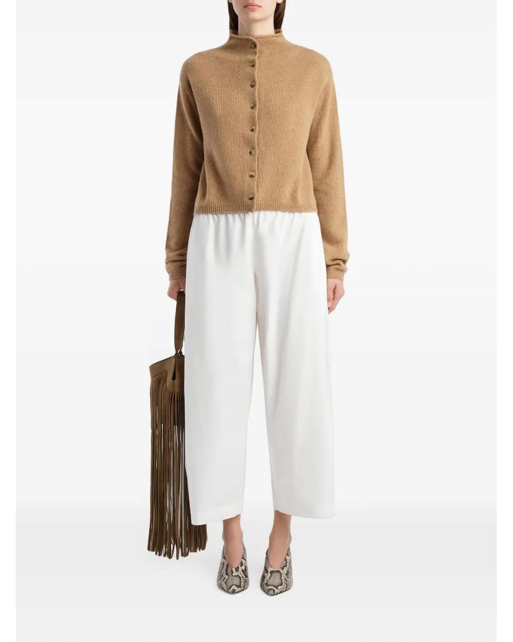 Khaite Natural Annora Funnel-Neck Wool-Cashmere Cardigan