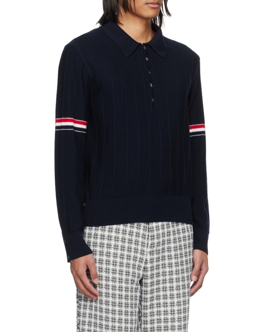 Thom Browne Blue Rwb-Striped Long-Sleeved Polo Shirt for men
