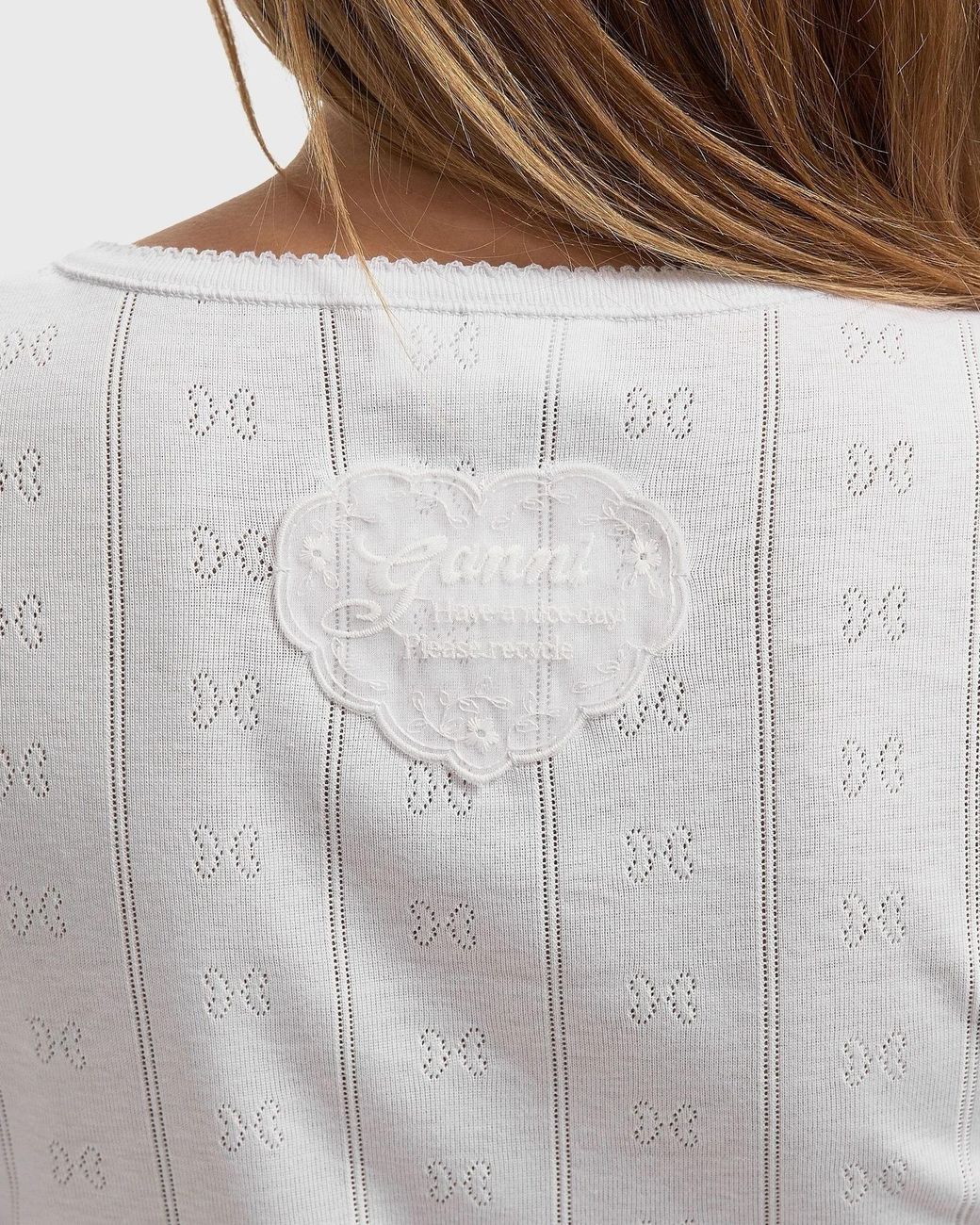 Ganni White Pointelle Knit Round Neck Cardigan
