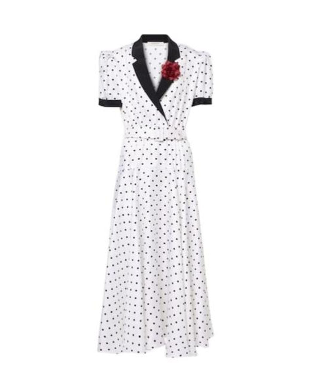 Rodarte White Polka Dot Silk Twill Midi Dress