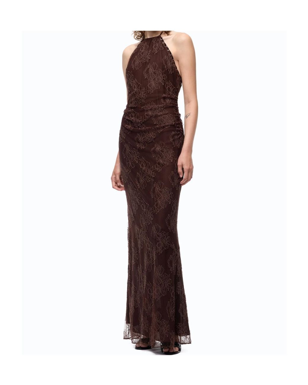 Pinko Brown Lace-Overlay Halterneck Dress