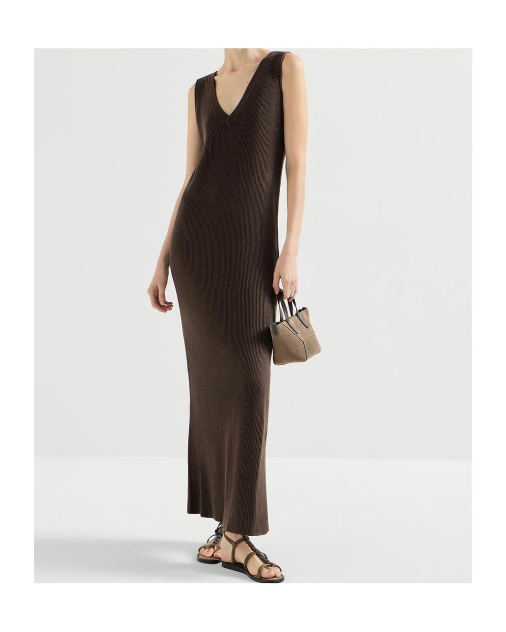 Brunello Cucinelli White Cotton Rib Knit Dress With Monili