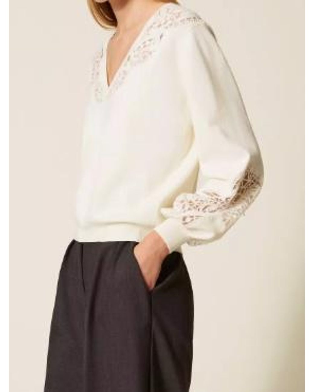 Twinset Natural V-Neck Embroidered Jumper