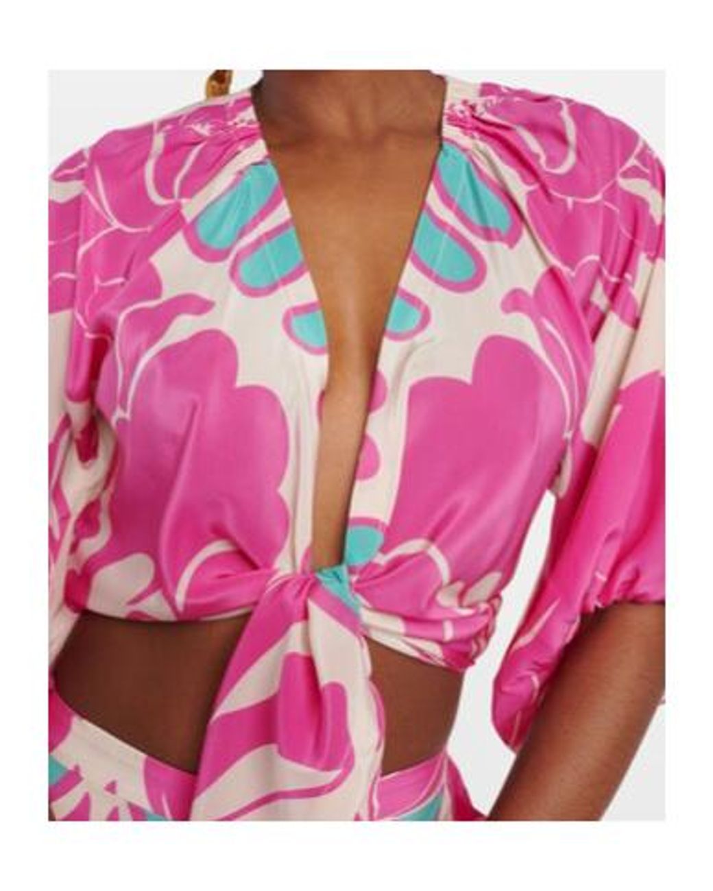 Adriana Degreas Pink Printed Puff-Sleeve Silk Blouse