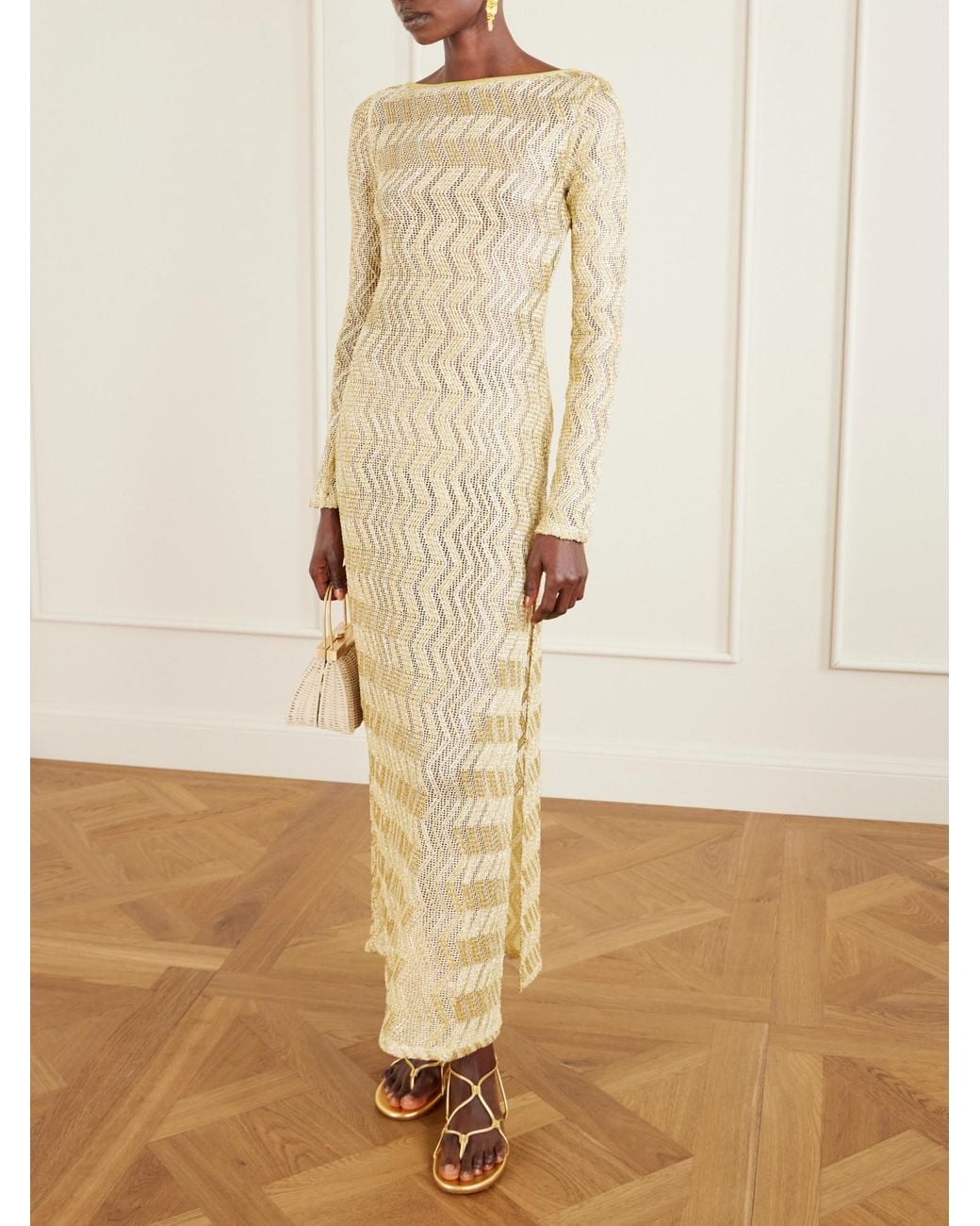 Missoni Natural Open-Back Metallic Crochet-Knit Maxi Dress