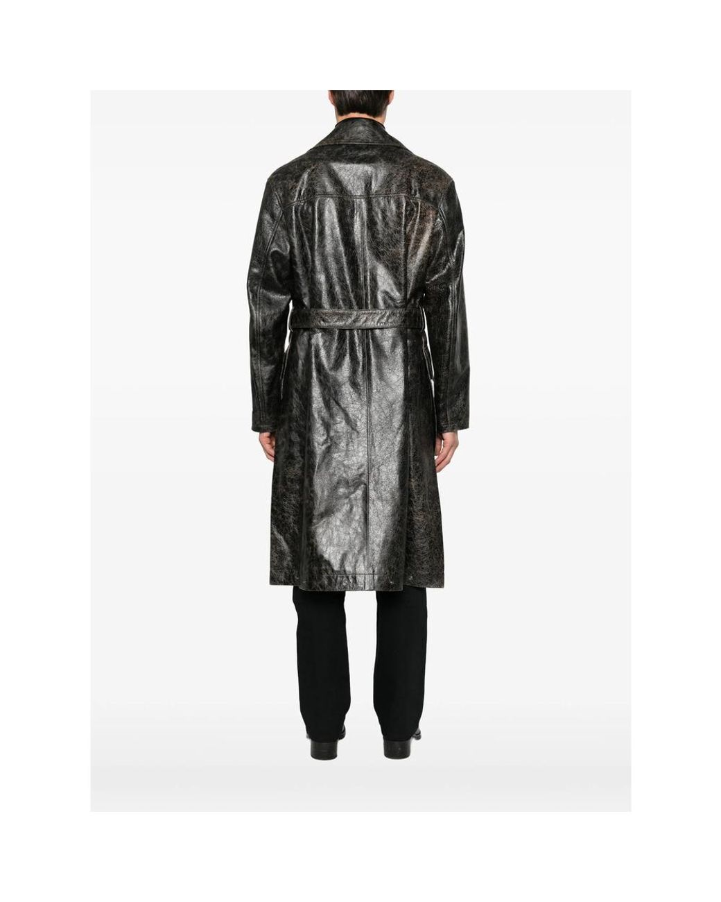 Fendi Gray Crackled Belted Leather Trench Coat for men
