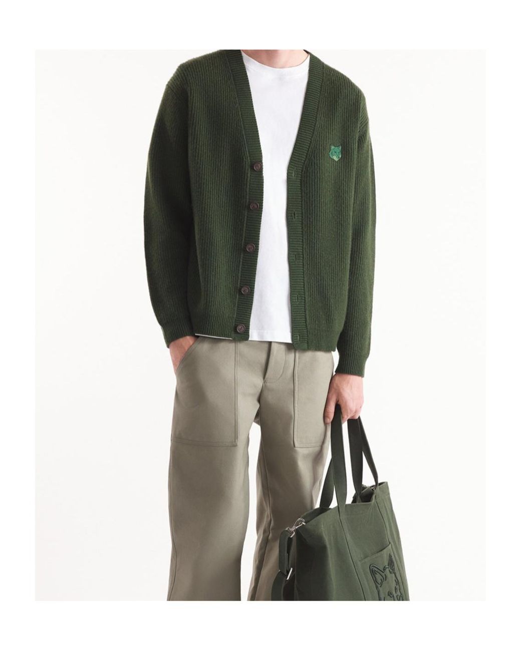 Maison Kitsuné Green Maison Kitsuné Bold Fox Head Patch Knitted Cardigan for men