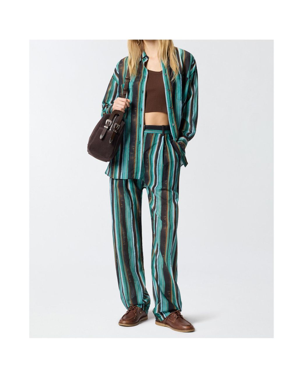 Pinko Green Striped Pleated Straight Trousers