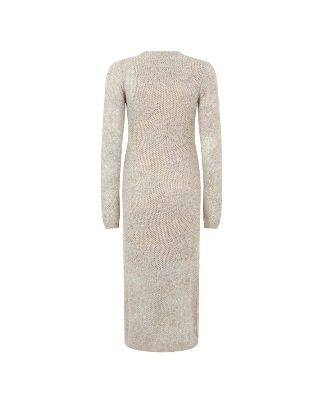 Brunello Cucinelli Natural Sequin-Embellished Open-Knit Midi Dress