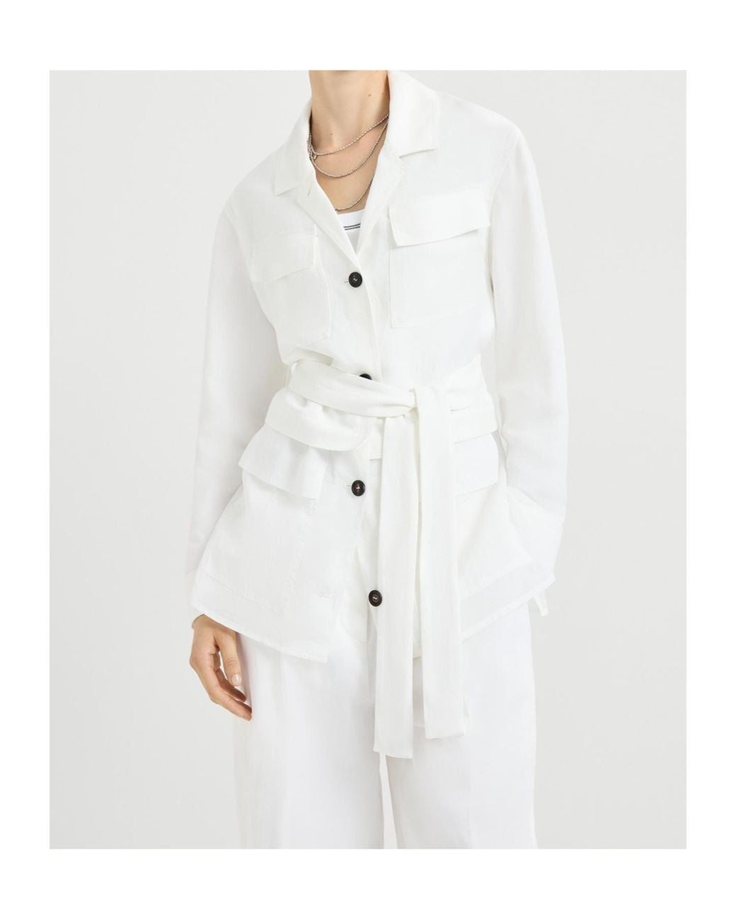 Brunello Cucinelli White Viscose And Linen Fluid Twill Safari Jacket With Monili