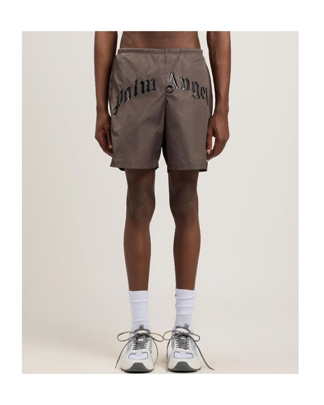 Palm Angels Gray Curved Logo Swimshorts for men