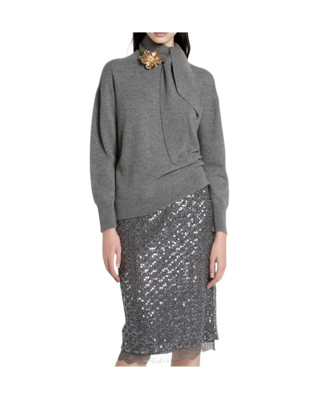 Marella Gray Scarf-Adorned Sweater
