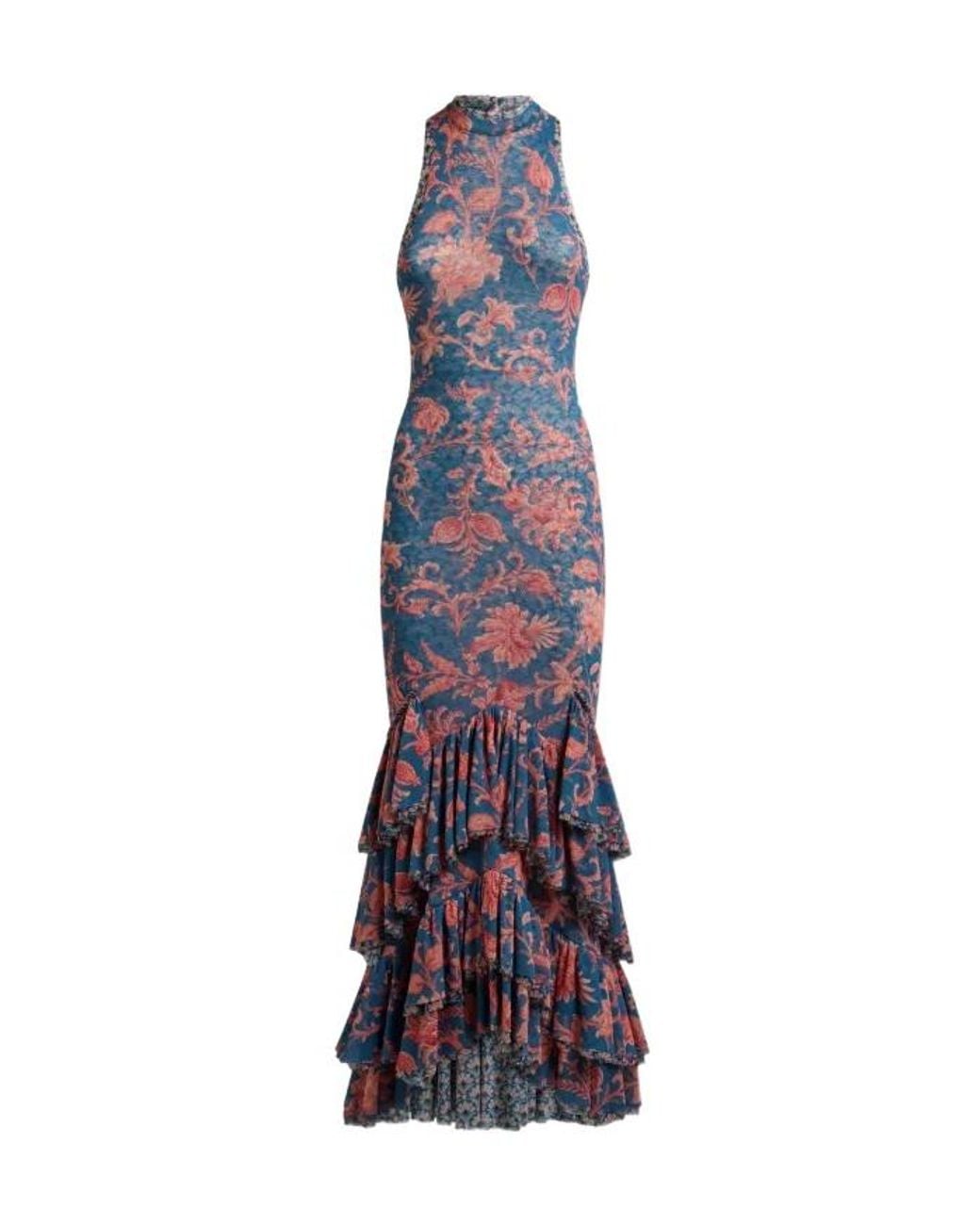 Etro Purple Stretch Tulle Long Dress With Floral Motif