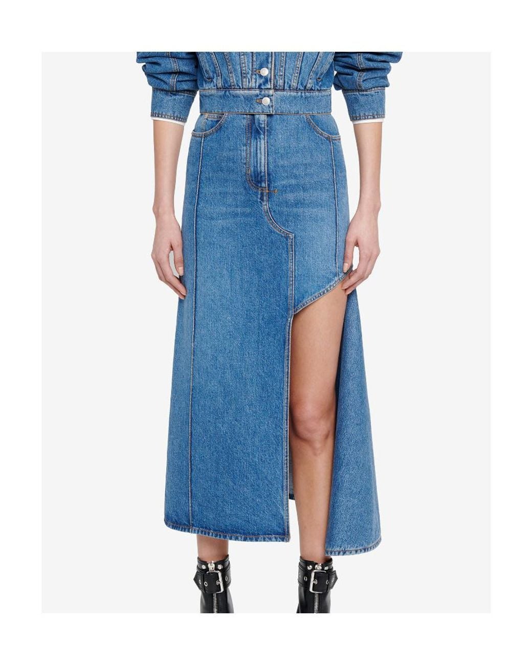 McQueen Blue Slashed Cut-Out Denim Midi Skirt