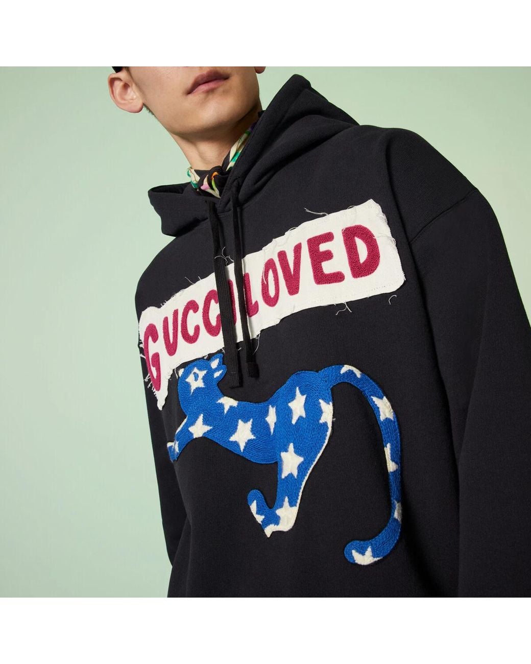 Gucci Blue Logo-Print Embroidered Hoodie for men