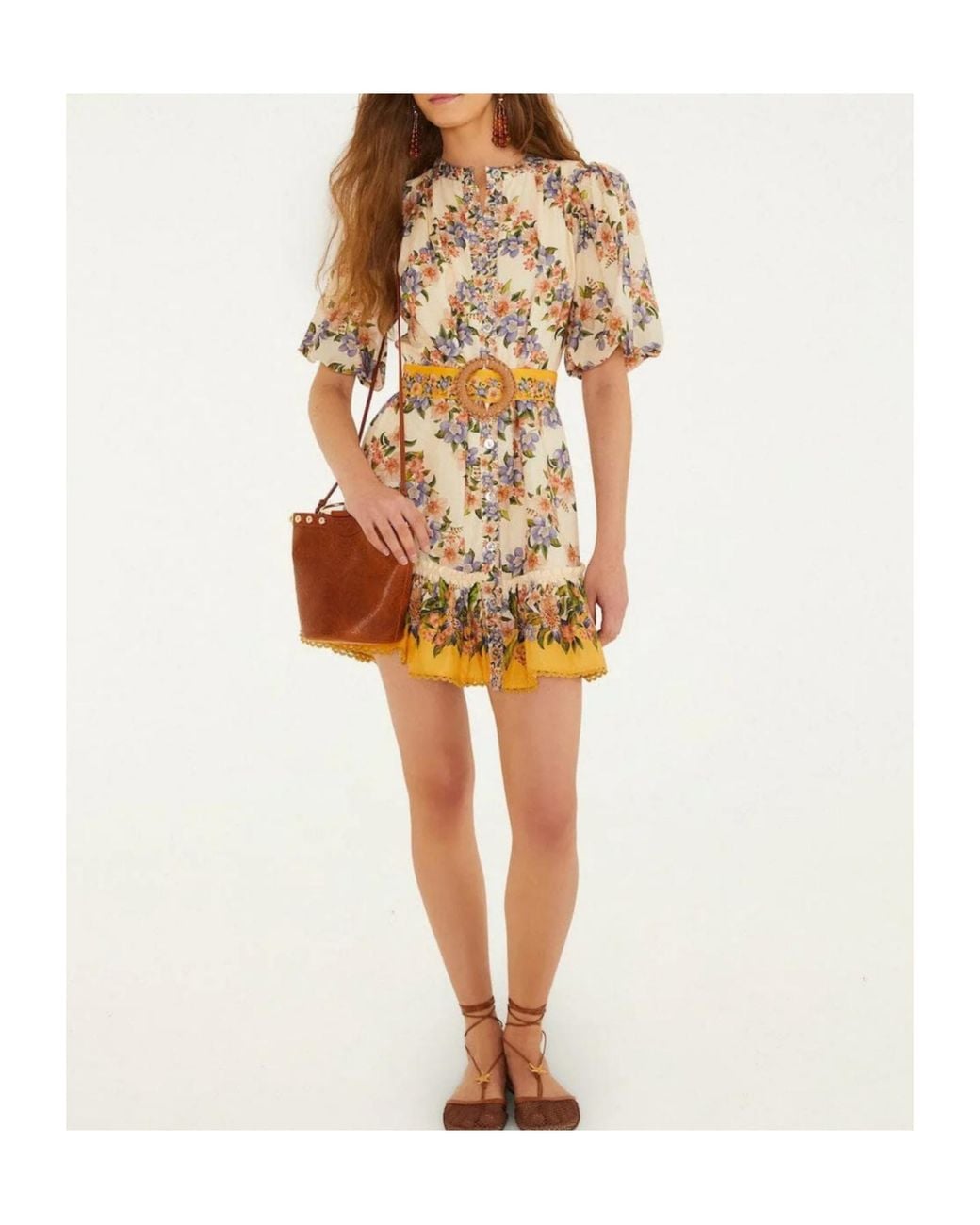 Farm Rio White Hilo Stripes Sand Floral Mini Dress