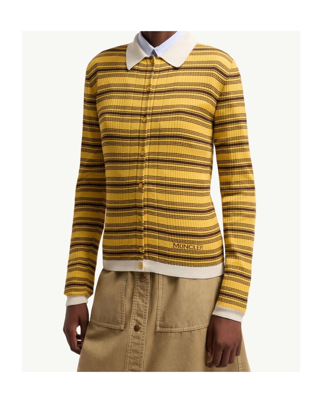 Moncler Yellow Striped Cotton Long Sleeve Polo Shirt