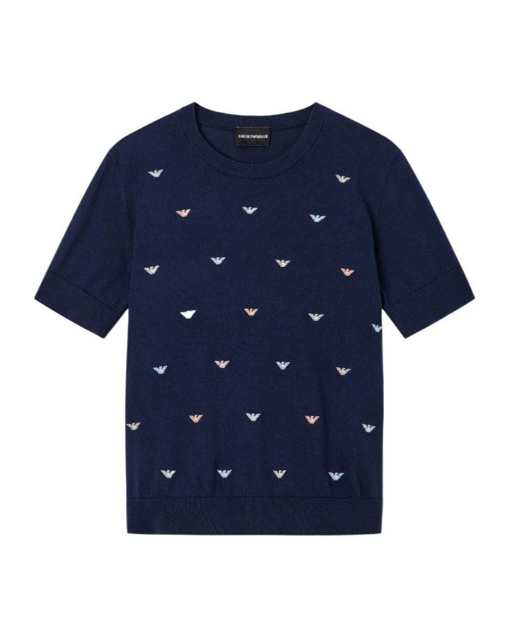 Emporio Armani Blue Logo-Embroidered Short-Sleeve Sweater