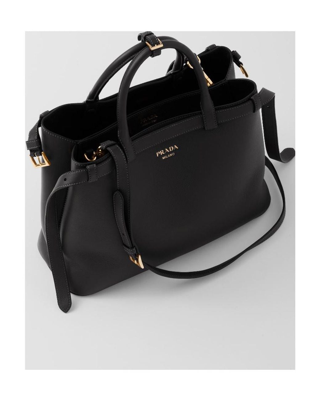 Prada Black Buckle Medium Leather Handbag With Double Belt
