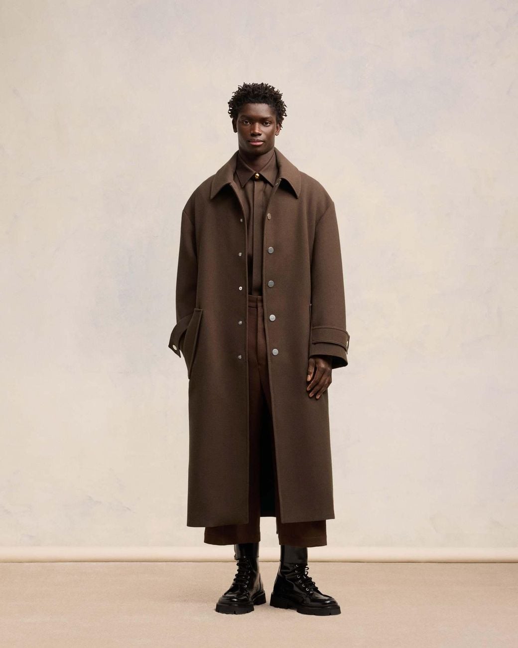 AMI Brown Belted Long Oversized Coat for men