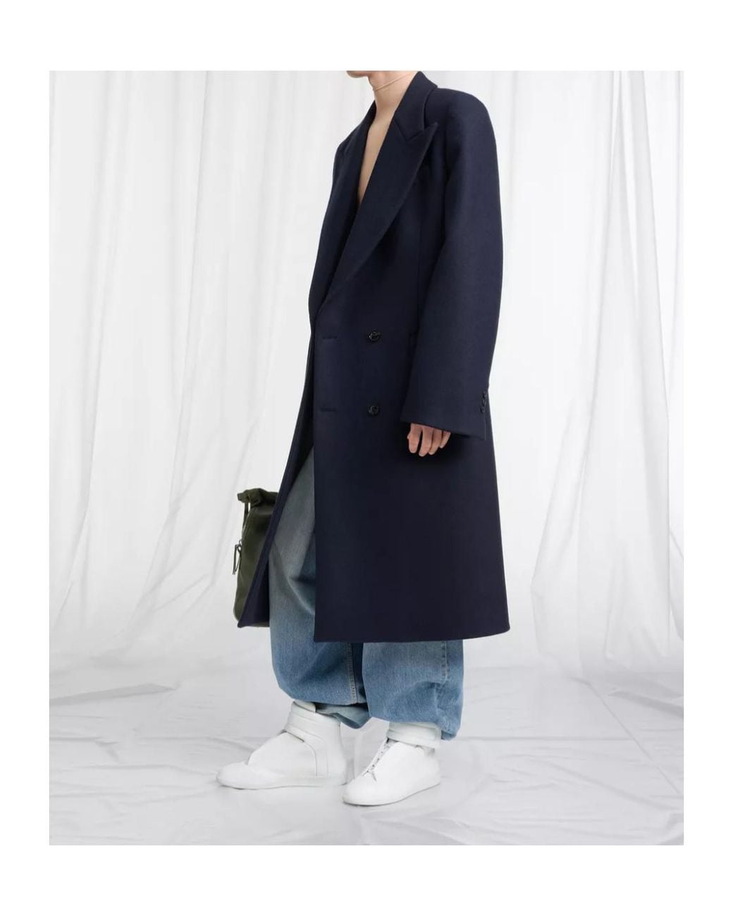 Maison Margiela Blue Double-Breasted Wool Overcoat for men