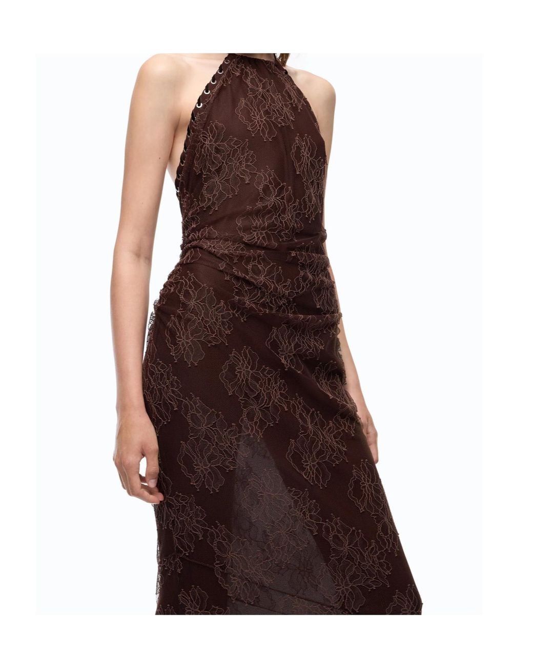 Pinko Brown Lace-Overlay Halterneck Dress