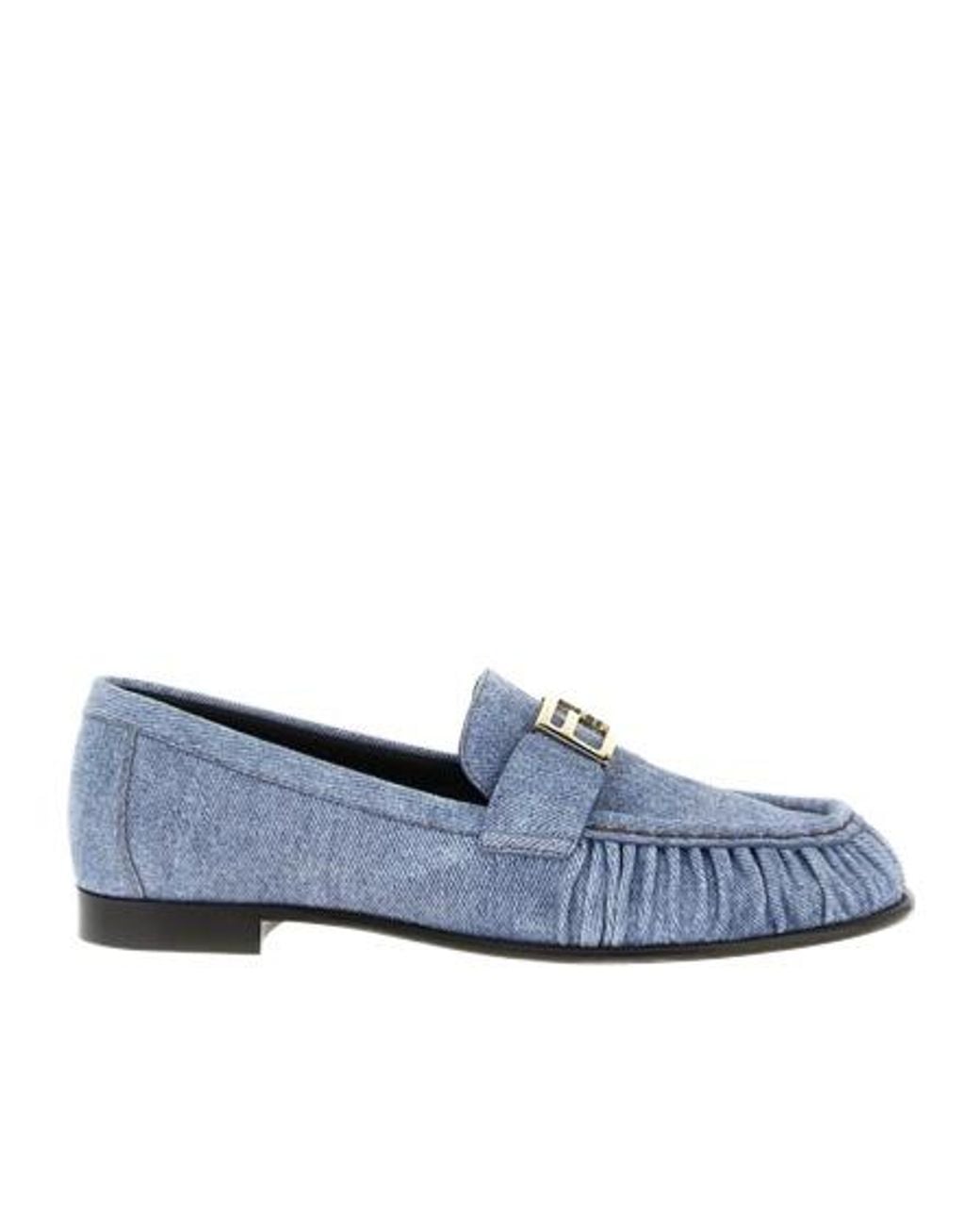 Fendi Blue Baguette Logo Plaque Gathered Loafers