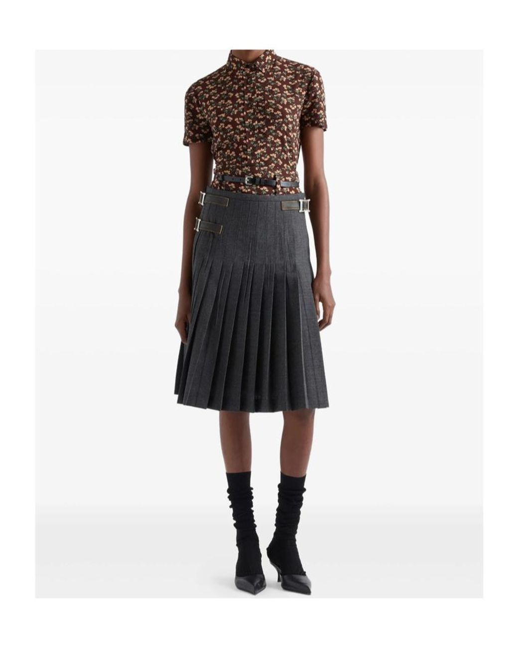 Prada Gray Pleated Midi Skirt