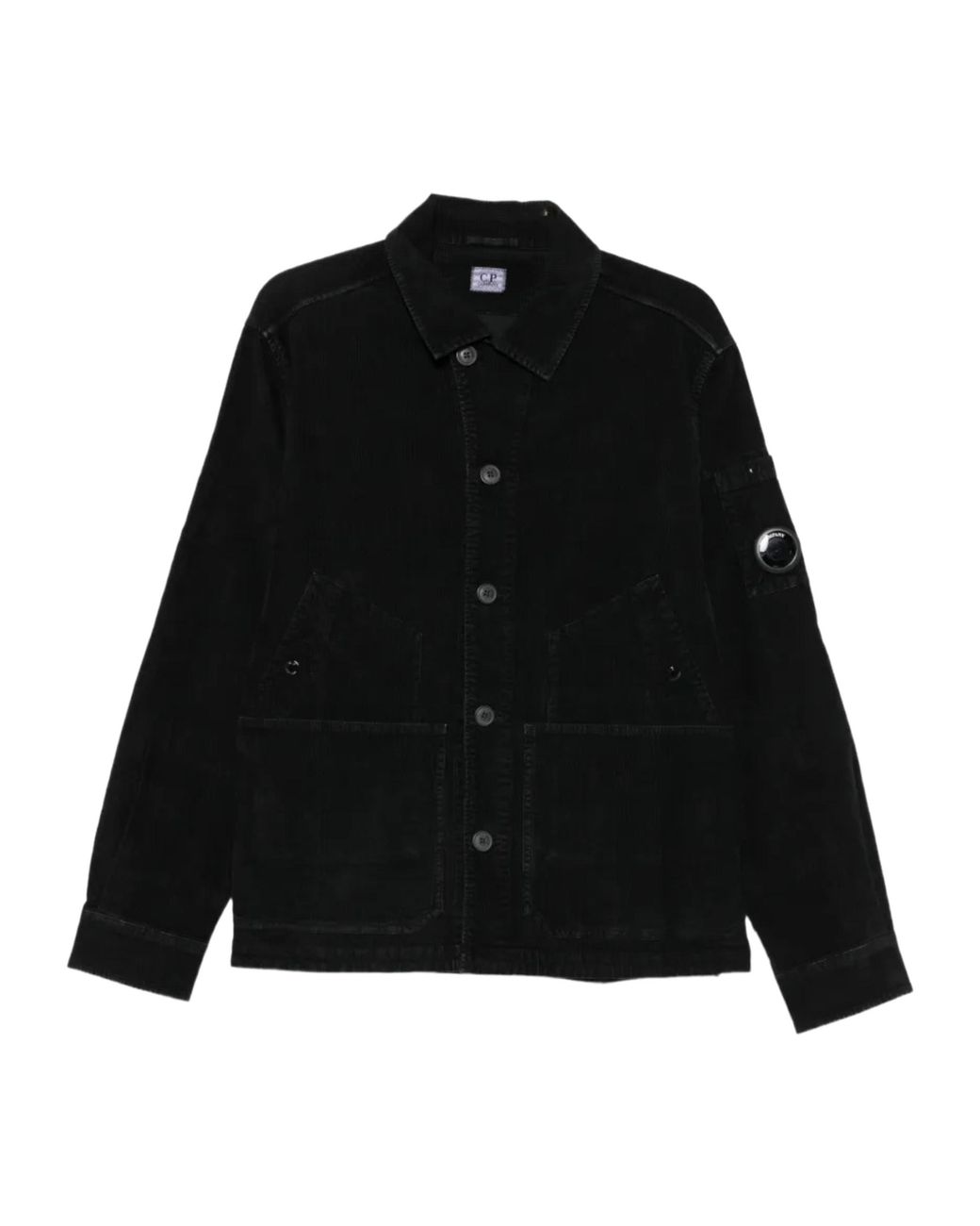 C P Company Black Corduroy Button-Front Jacket With Lens Sleeve Pocket for men