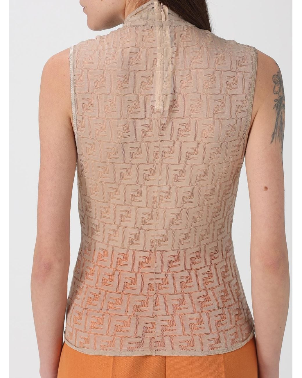 Fendi Natural Crewneck Sleeveless Top With All-Over Ff Motif And Rear Zip Closure