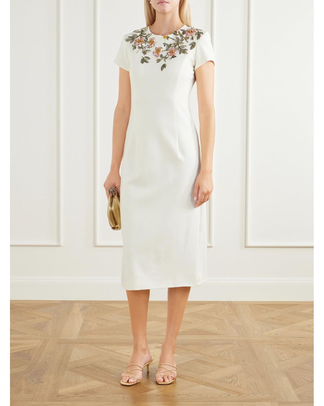 Oscar de la Renta White Floral-Embellished Crepe Midi Dress