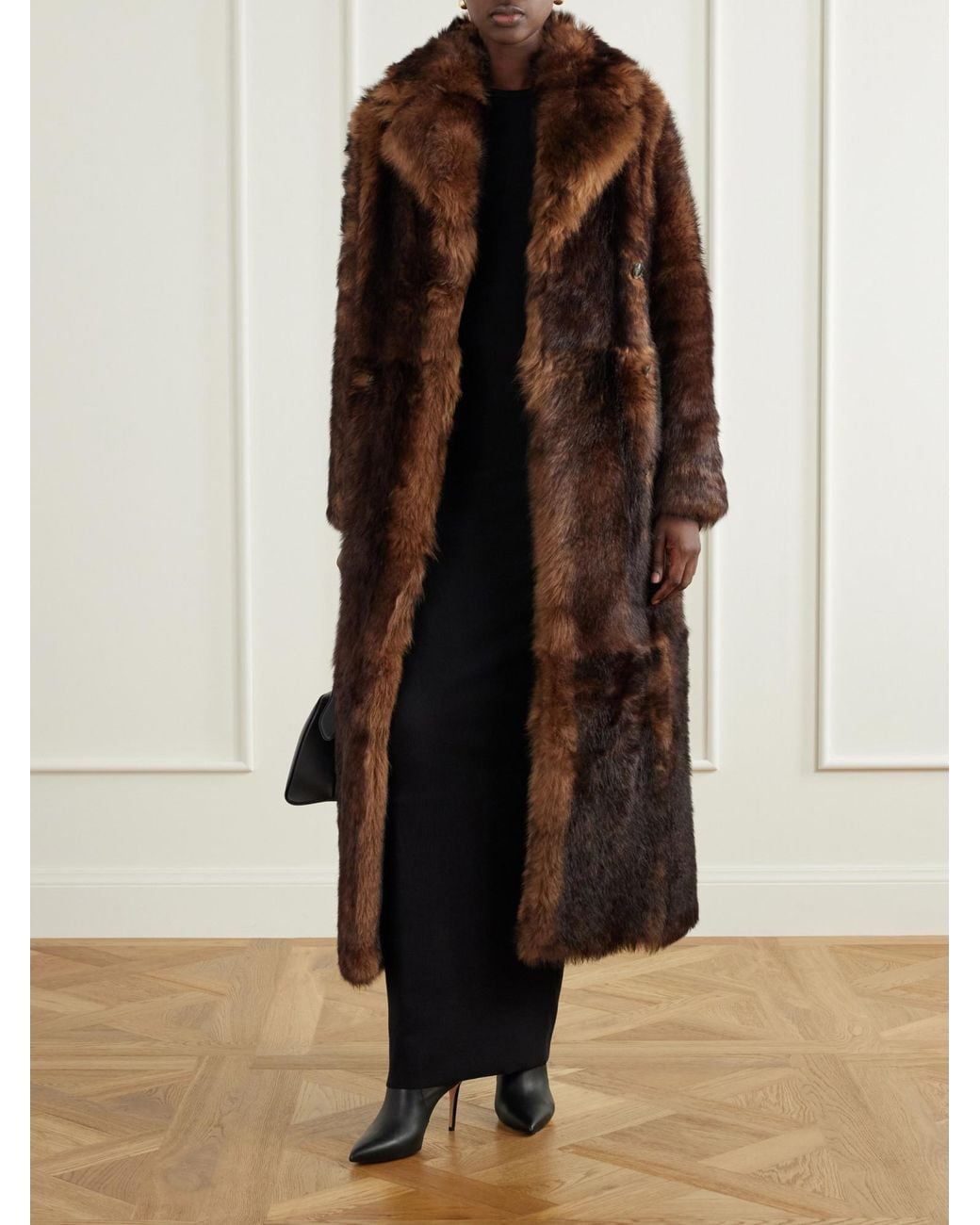 Yves Salomon Brown Paneled Double-Breasted Shearling Coat
