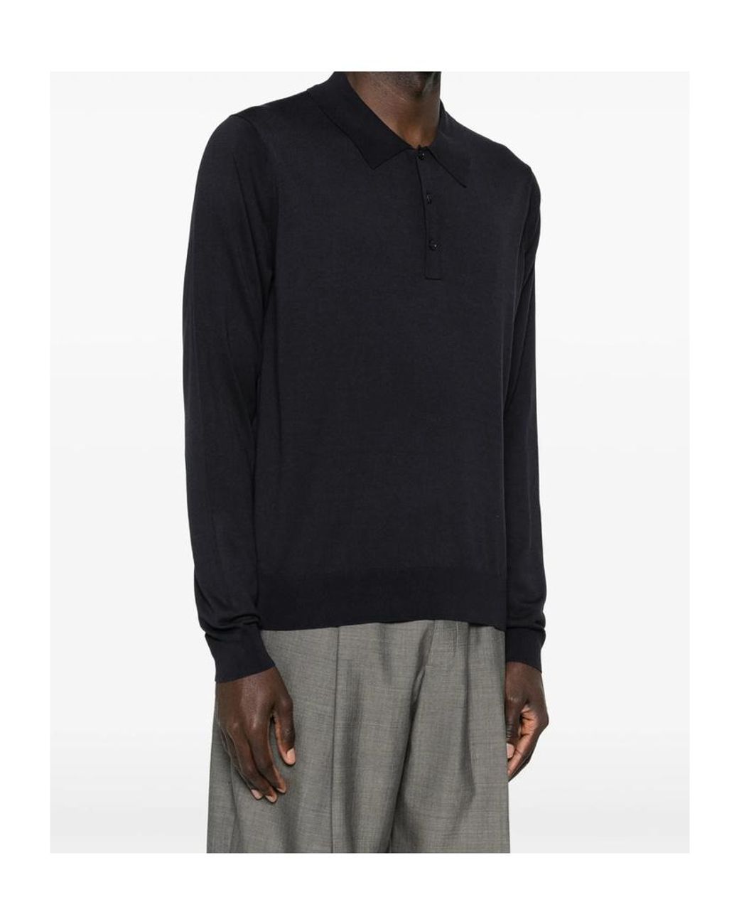 Studio Nicholson Black Long-Sleeved Knit Polo Shirt for men