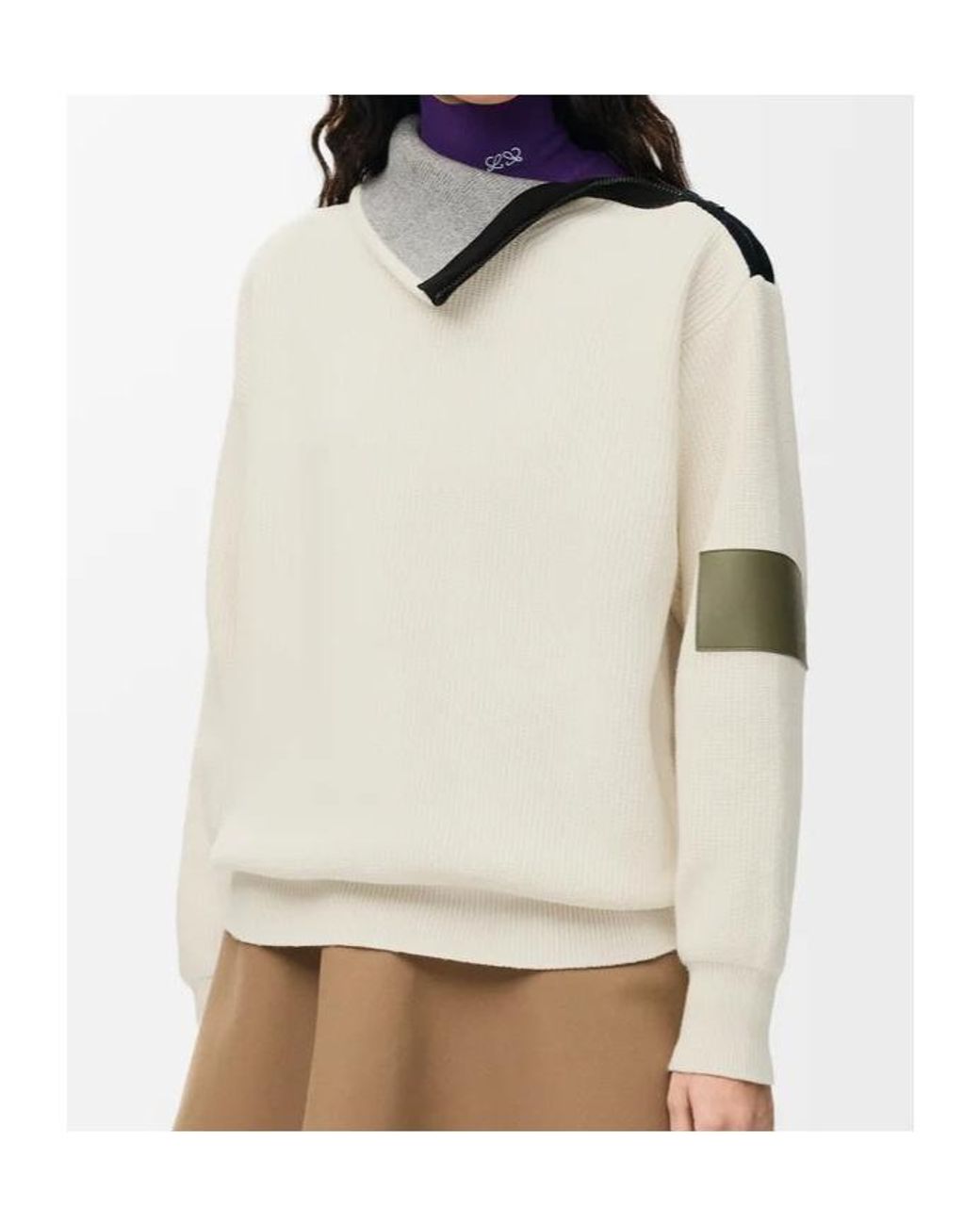 Loewe White Zip-Neck Patch Knitted Sweater