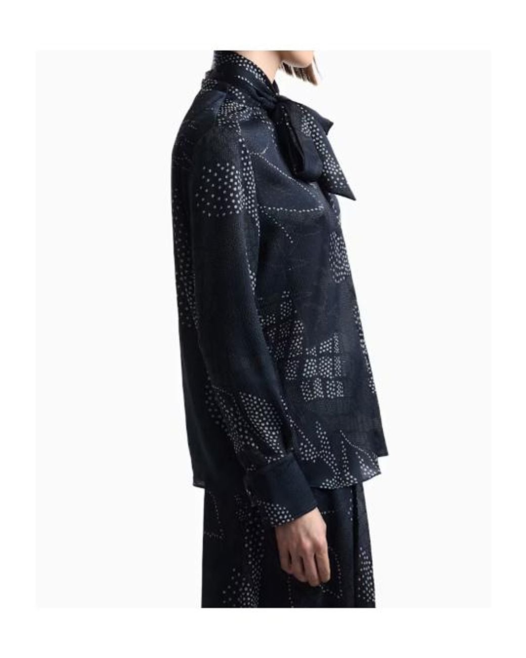 Emporio Armani Blue Creponne Shirt With Dotted Floral Print And A Neck Tie