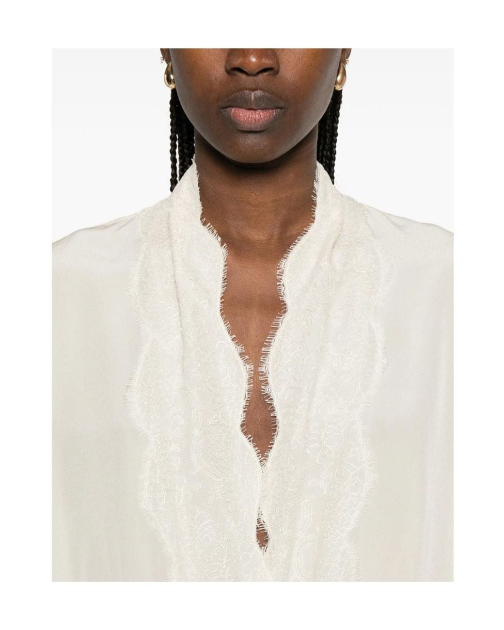 Valentino Natural Lace Neck Long-Sleeved Blouse