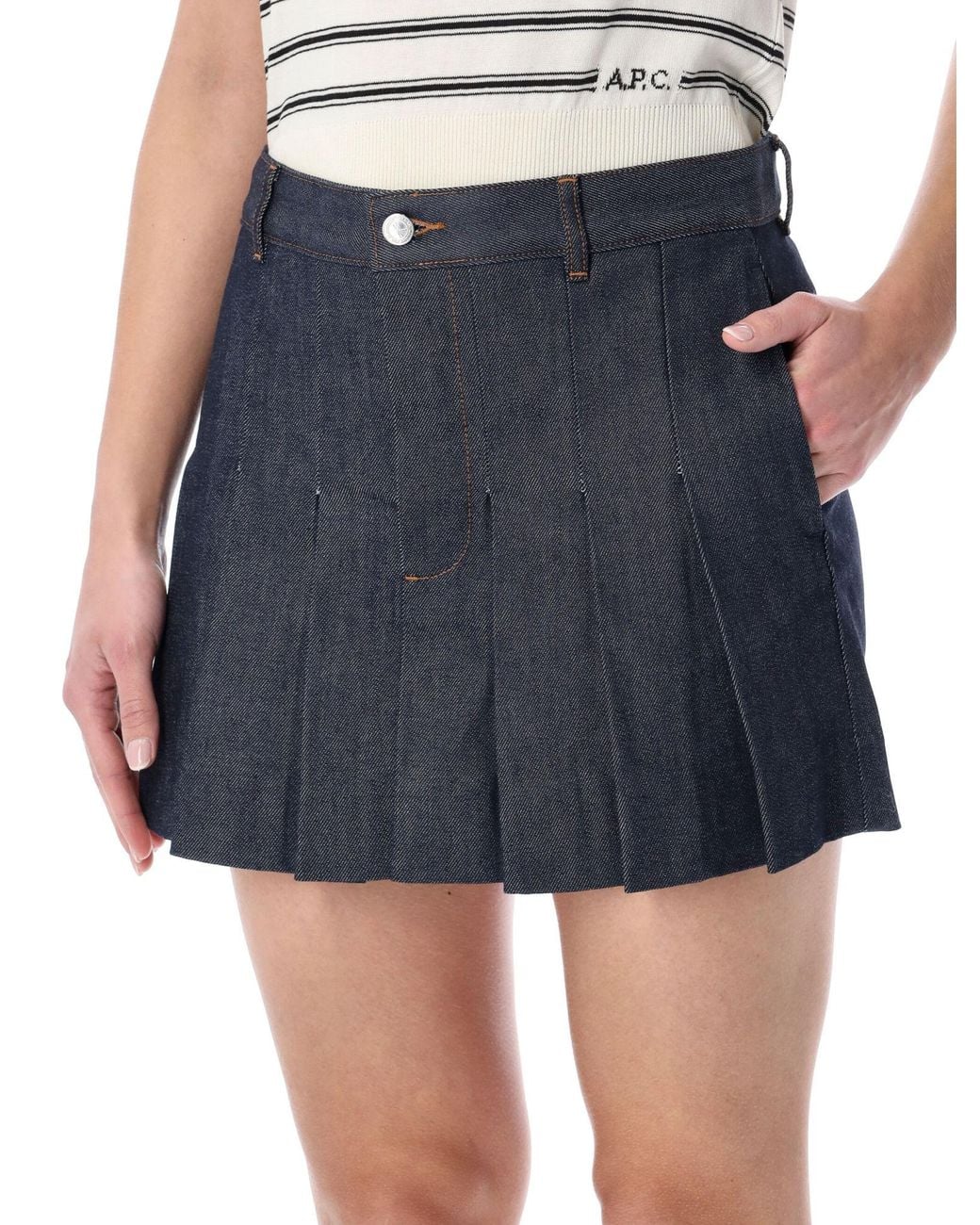 A.P.C. Blue Pleated Denim Mini Skirt