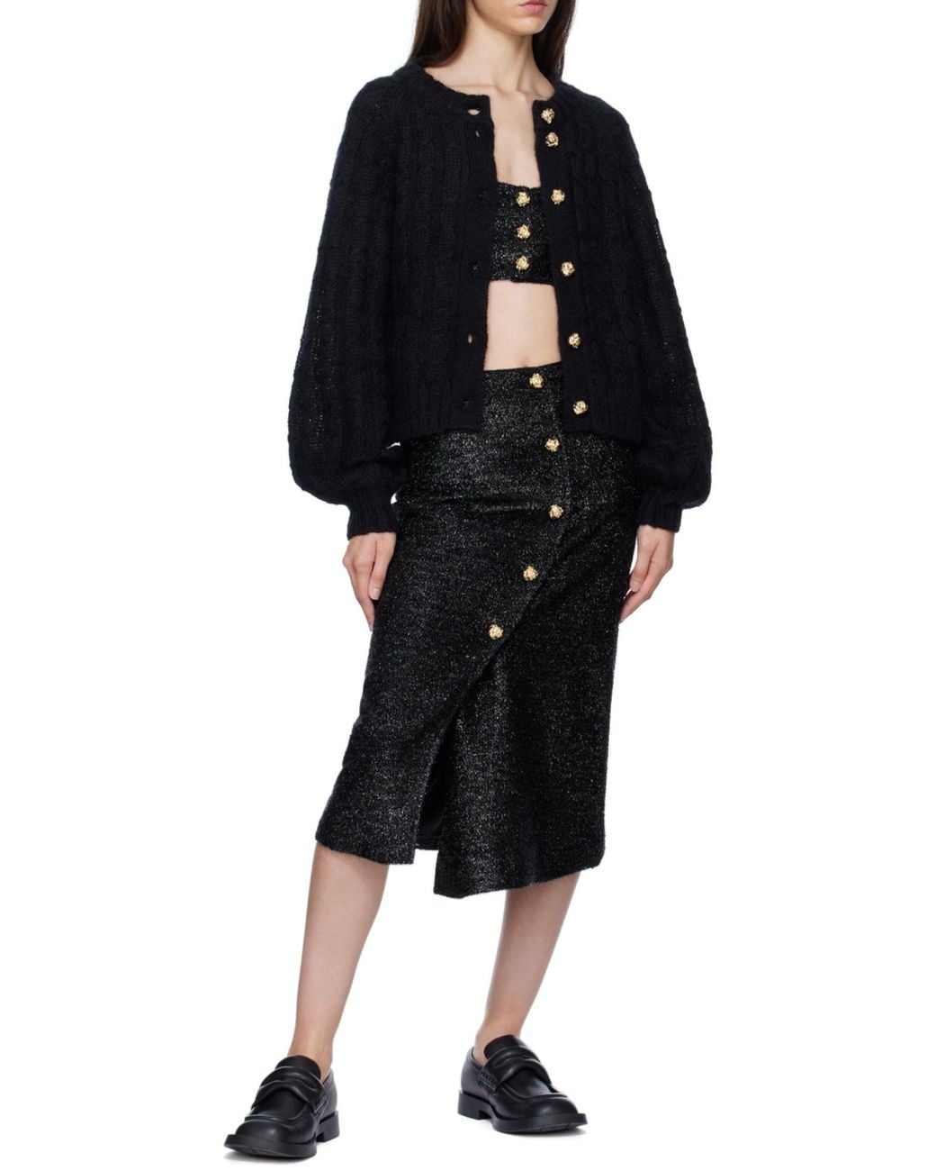 Ganni Black Sparkle Wrap Midi Skirt