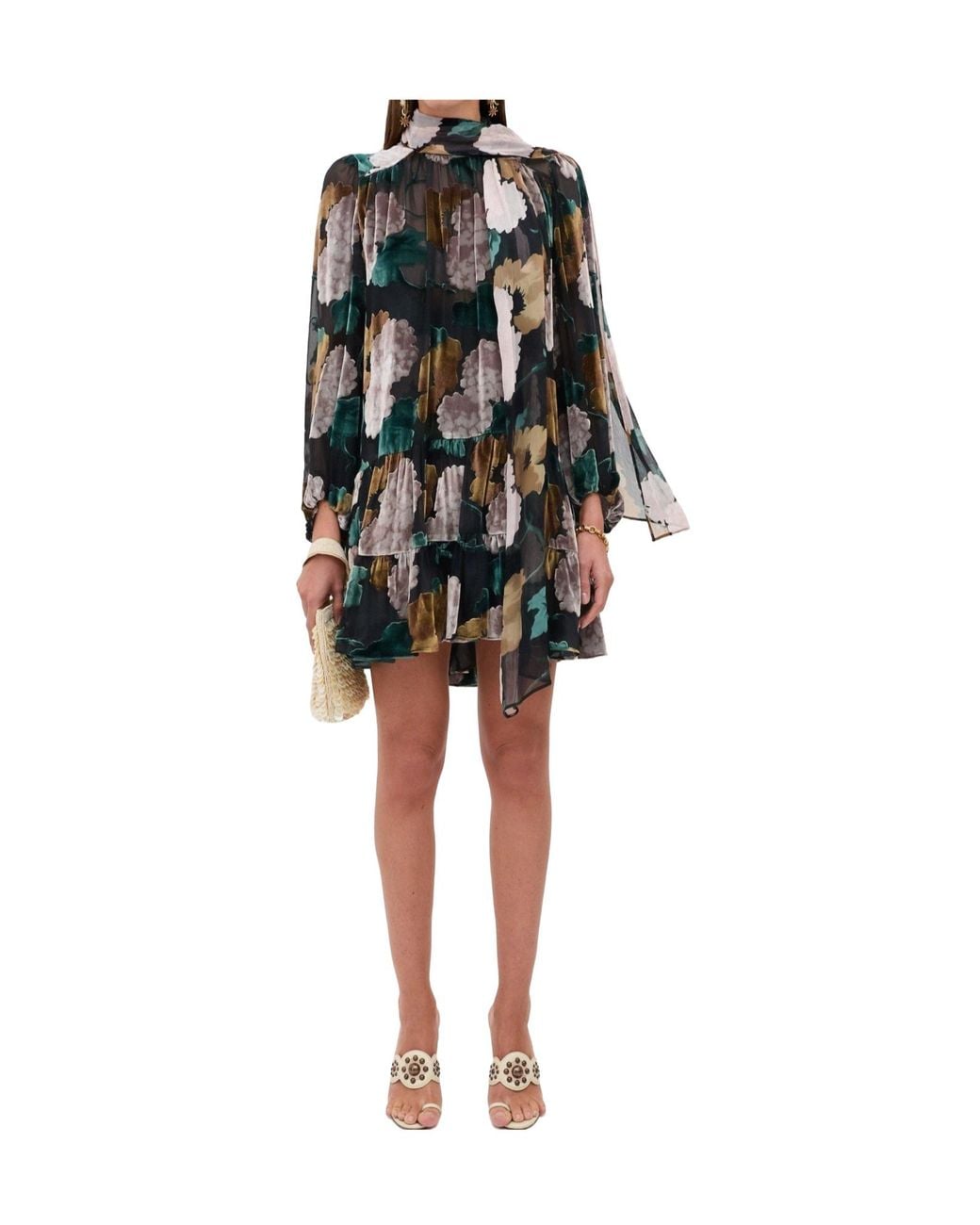 Rixo Black Bow Neck Printed Mini Dress